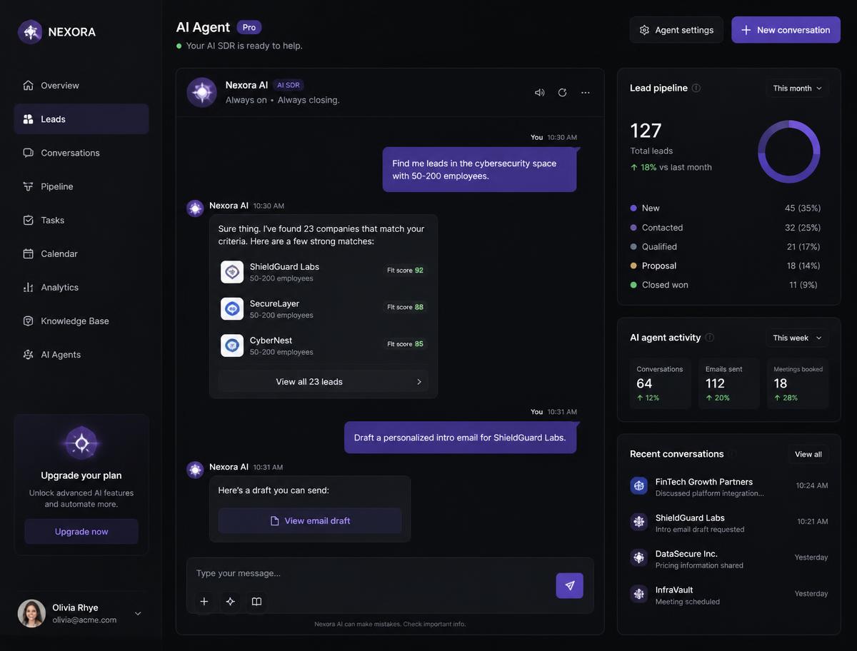 Interface concept showing an AI agent handling conversations and a lead pipeline