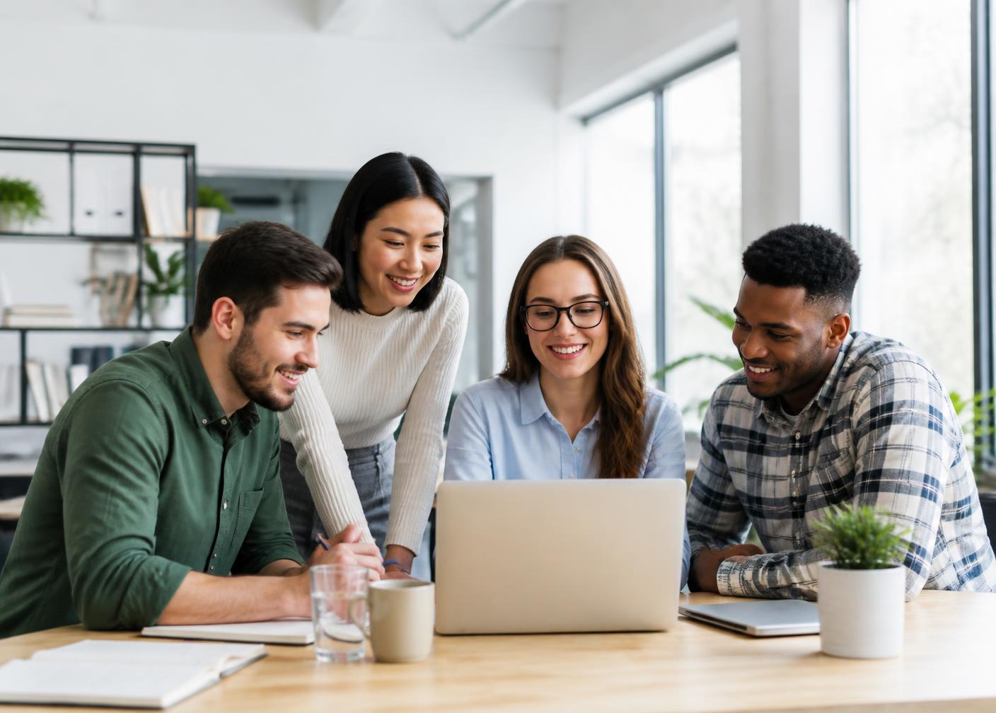 A small business team reviewing results together in a modern office